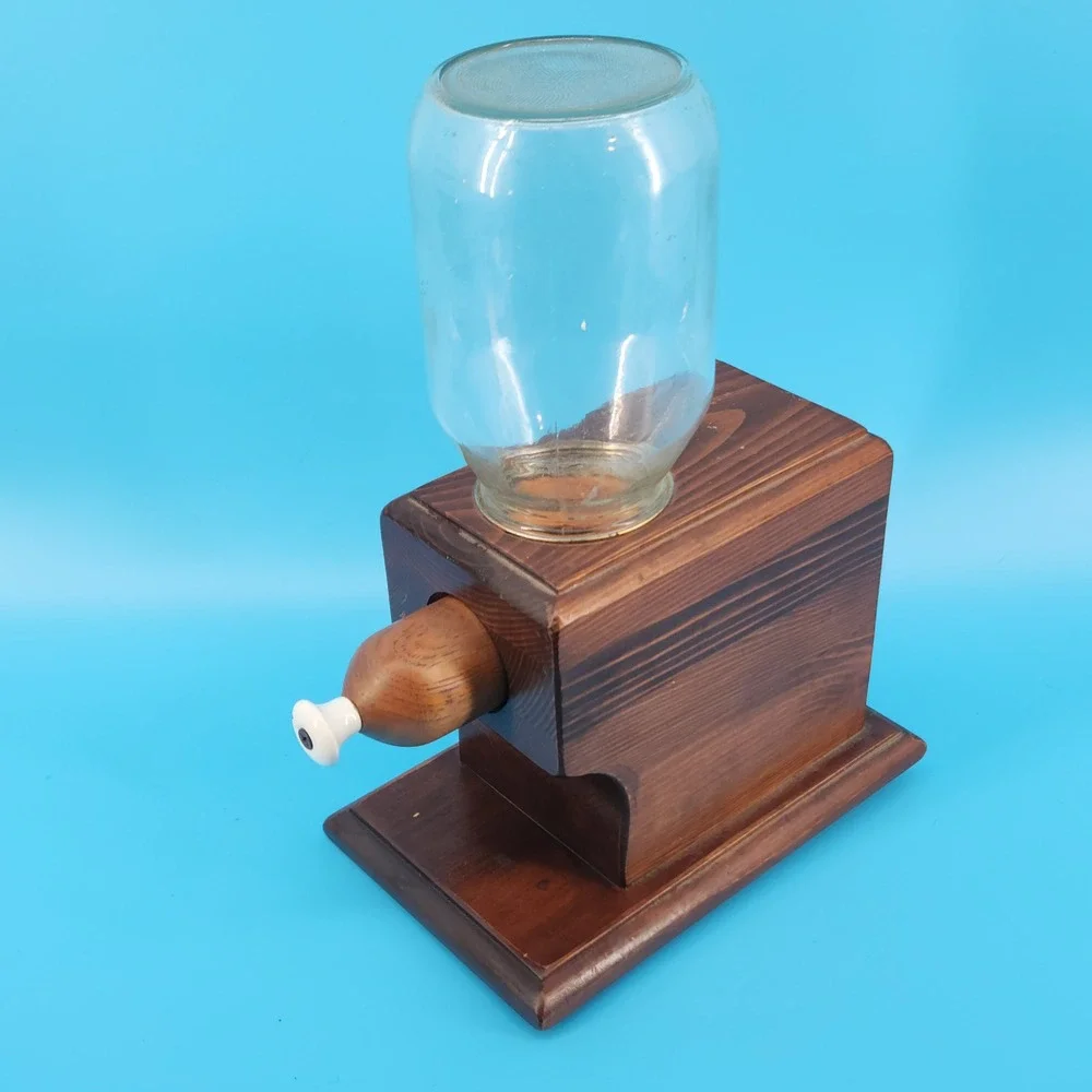 Vintage Wooden Candy Nut Peanut Dispenser Glass Jar Pull Handle Rustic Handmade
